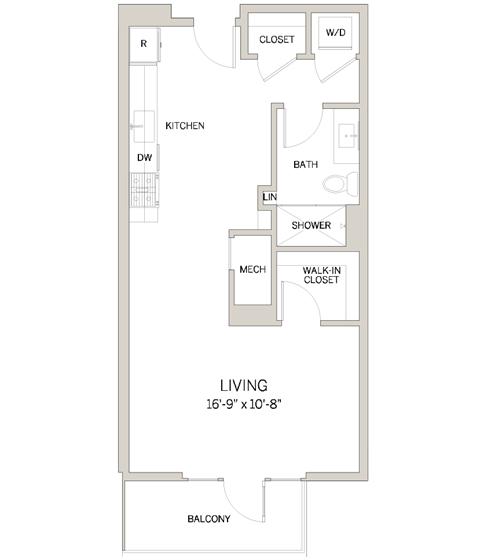 Floor plan for studio, 1 bath, 603 sqft